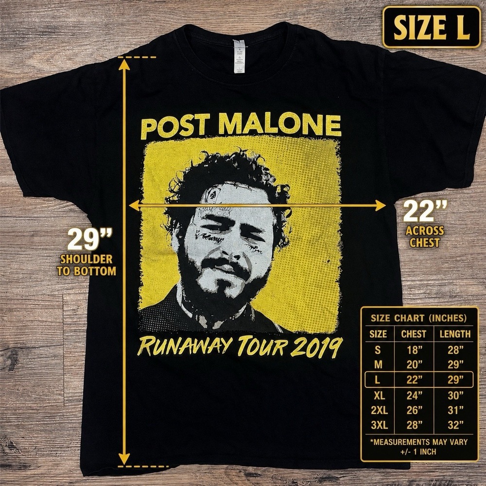 Post Malone Runaway Tour‎ 2019 Concert Merch US City Tour T-Shirt Size L Black - Picture 4 of 9